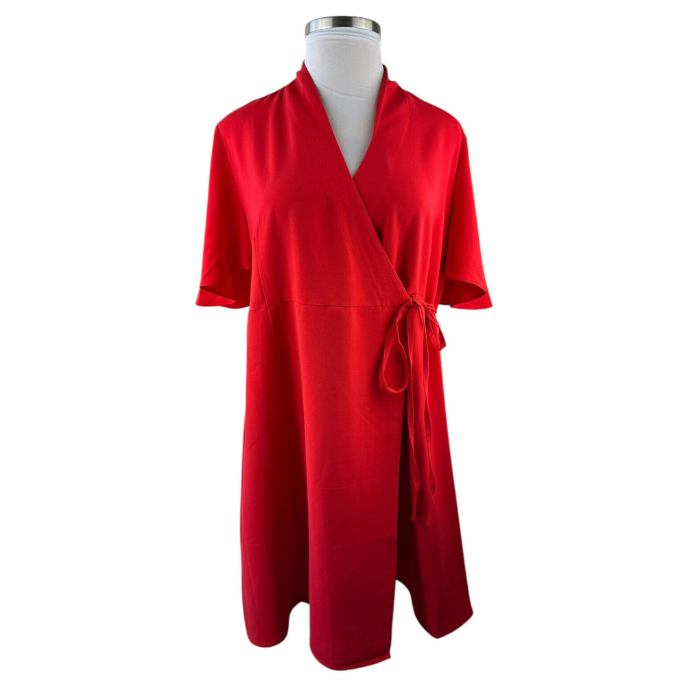 Ming Wang Butterfly Sleeve Crepe de Chine Wrap Dress Poppy Red Women's Size XL - Picture 5 of 16